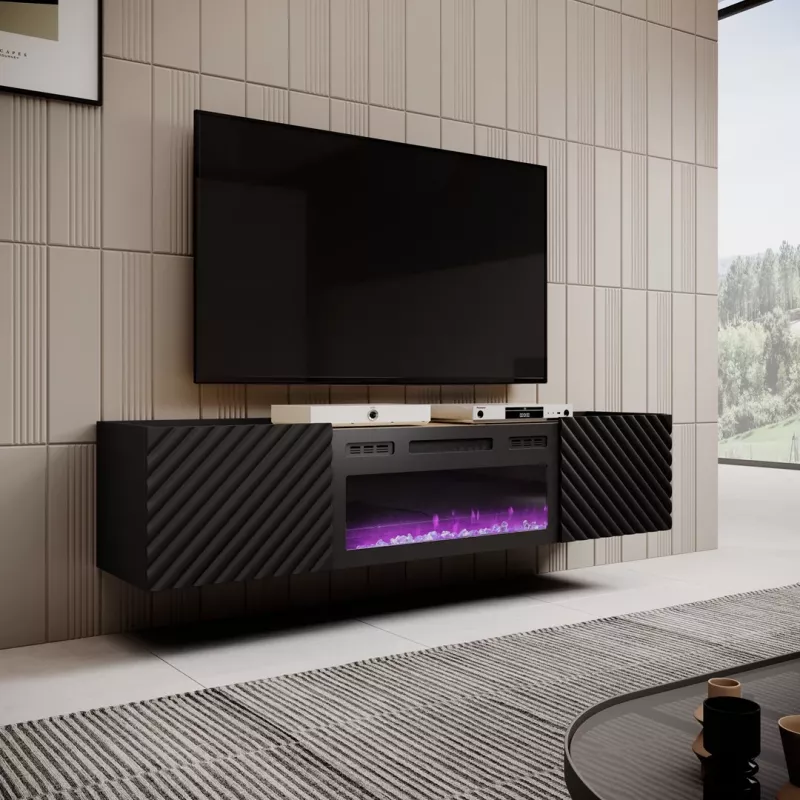 TV skapis Cama Meble ONDA ar elektrisko kamīnu 1805×400×580 mm, melns, skaidu plātnes virsma (stāvošs vai pie sienas)