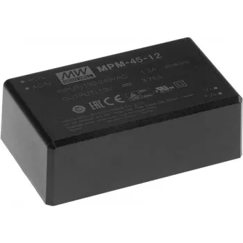 Barošanas bloks Mean Well MPM-45-5, iekštelpu, 45 W, ieeja 80–264 V, melns, 52×87×29.5 mm