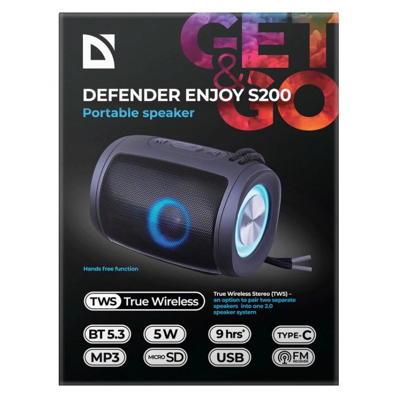 Pārnēsājams Bluetooth skaļrunis DEFENDER Ejoy S200 TWS 2.0, 5W, Bluetooth 5.3, LED, 10 h akumulators, iebūvēts mikrofons