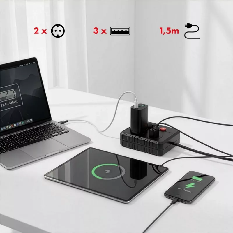 Pagarinātājs MACLEAN MCE387 B — 2 kontaktligzdas, 3×USB A, 110–240V, 1,5 m vads, max 2500W