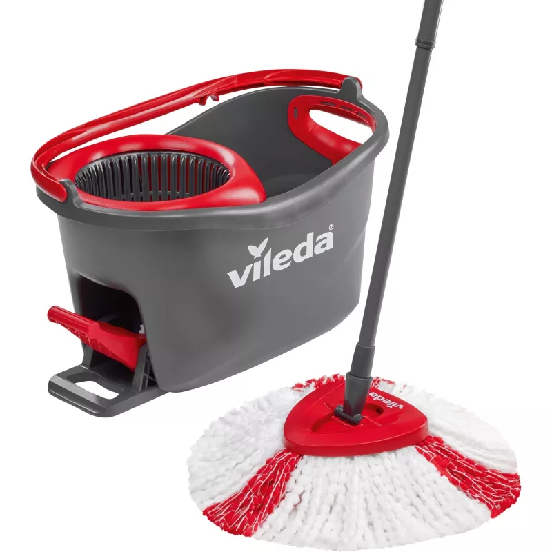 Mops VILEDA EasyWring & Clean Turbo, sarkans technopolimēra spainis, noņemama mazgājama mikrošķiedras galva, cietām grīdām