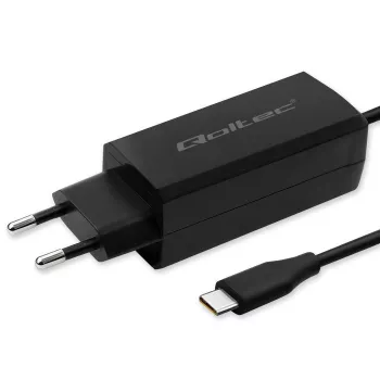 GaN lādētājs klēpjdatoram QOLTEC 52419 65W USB-C PD 5V/20V 3A/3.25A, 220–240V, 1.8m kabelis, melns