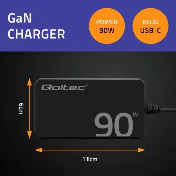 Qoltec 90W GaN Super Fast SLIM Wall Charger | XP | 5-20V | 4.5A | USB-C 3.1 | Laptop | MacBook | Smartphone | + kabelis