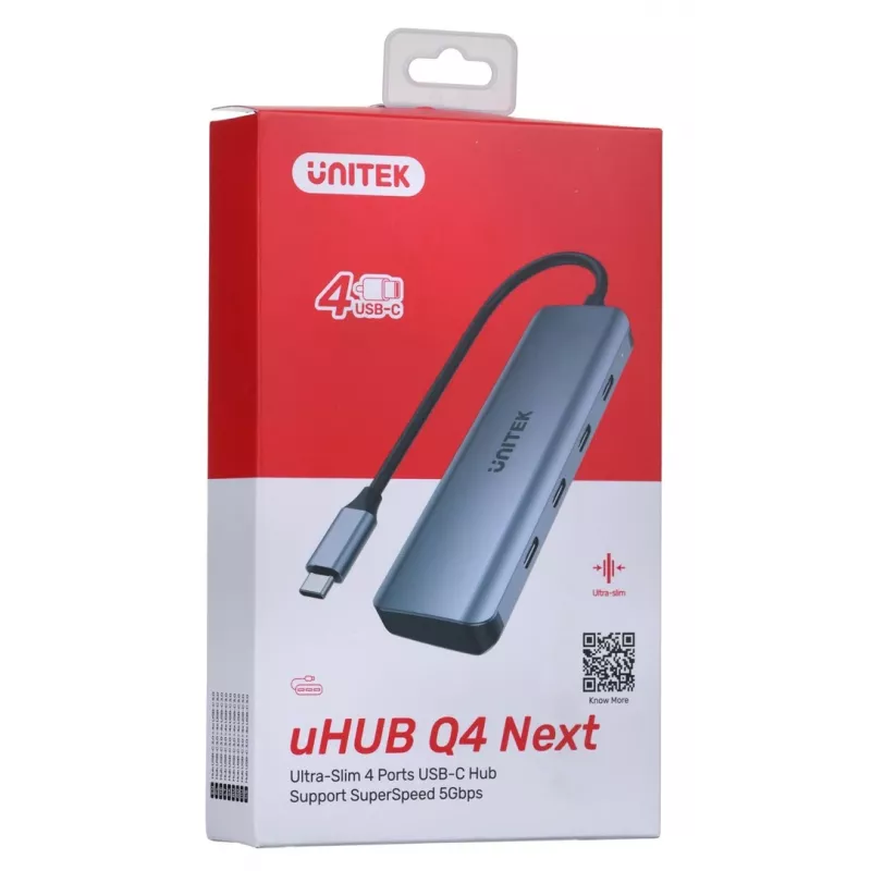 UNITEK uHUB Q4 USB-C centrmezgls 4 porti 5000 Mbit/s Pelēks