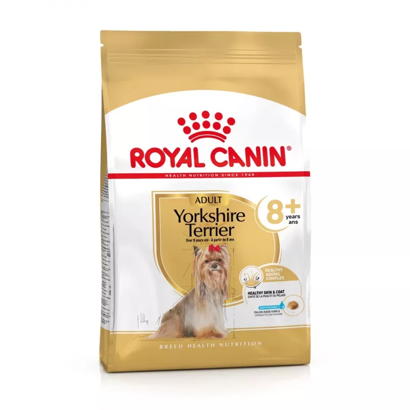 Sausā suņu barība Royal Canin Yorkshire Terrier 8+ 3 kg — mājputnu gaļa, senioru Jorkšīras terjeriem, olbaltumvielas 29%, tauki 18%