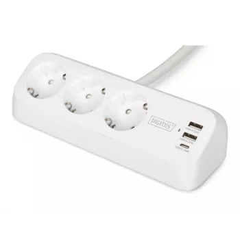 Strāvas sloksne DIGITUS 3× ligzda ar 2×USB-A un 1×USB-C, 3 AC kontaktligzdas E/F tips, 1,5 m kabelis, balta