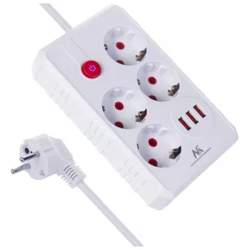 Pagarinātājs MACLEAN MCE392 W — 4 F kontaktligzdas, 3×USB A, 110–240V, 2.1A, 2500W, 1.5 m vads, balts