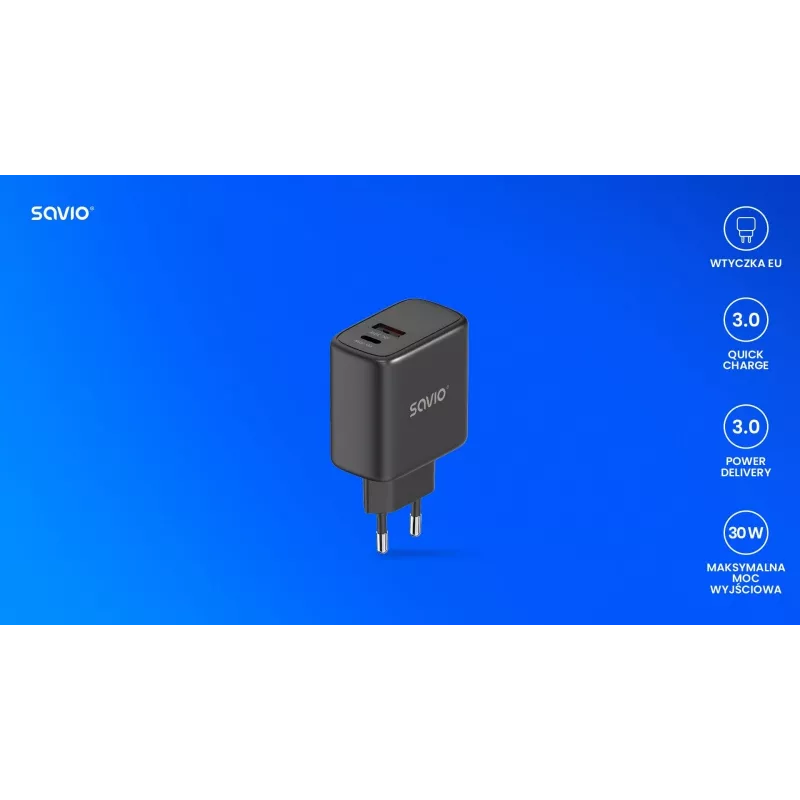 SAVIO LA-06/B 30 W sienas uzlādes ierīce, USB-A + USB-C, Quick Charge, Power Delivery 3.0, melna