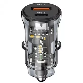 usams CC164CC01 30W auto lādētājs ar 1×USB-A un 1×USB-C ātrai uzlādei