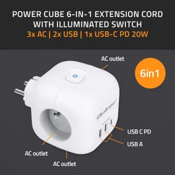 Pagarinātājs QOLTEC 52548 ar 3×AC kontaktligzdām un USB portu