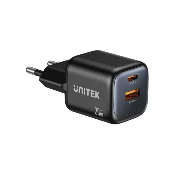 Sienas lādētājs Unitek P1128ABK01-EU — 2 porti GaN USB‑C un USB‑A, kopā 20W, melns