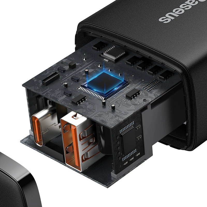 Baseus CCXJ-B01 — ātrs lādētājs 2-portu (USB-C PD 20W + USB-A QC3.0 18W), 100–240V, Melns