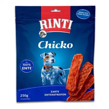 Suņu treniņu gardumi RINTI Chicko Duck 250 g — pīles garša, proteīns 58%, pieaugušiem suņiem, maisiņš