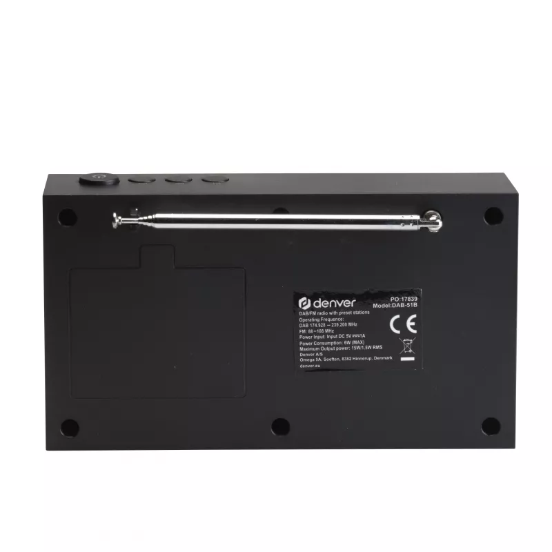 Radio DENVER DAB-51B — kompakts digitālais radio DAB+/FM/AM, melns