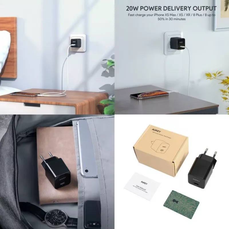 Mini sienas lādētājs AUKEY PA-Y20S Balts 1xUSB-C 20W PD Power Delivery