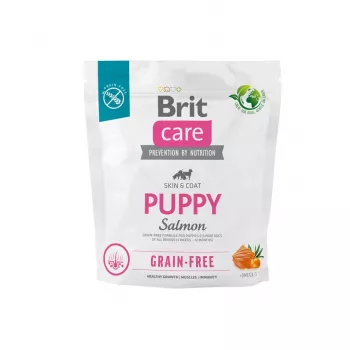 Sausā barība suņiem Brit Puppy Salmon 1 kg — bezgraudu sastāvs kucēniem, 30% olbaltumvielu, 18% tauku