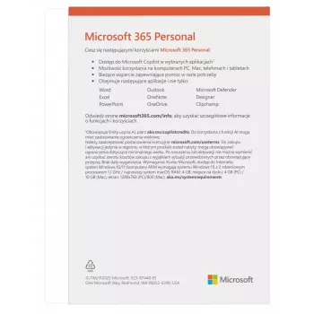 Abonements Microsoft 365 Personal — 1 lietotājs, līdz 5 ierīcēm, 12 mēneši, poļu valoda, lejupielāde