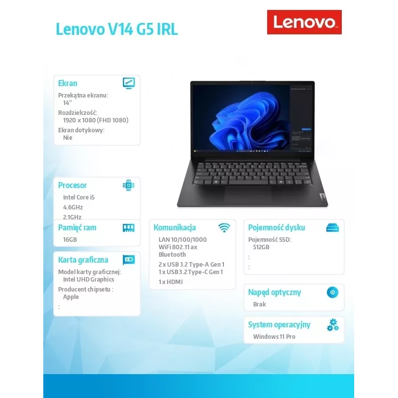 Portatīvais dators Lenovo V14 G5 83GU008FPB — Intel i5-13420H, 16GB RAM, 512GB SSD, 14,0 collu FHD, Windows 11 Pro, Business Black, 3 gadi OS atbalsts + 1 gads konfigurācijas atbalsts