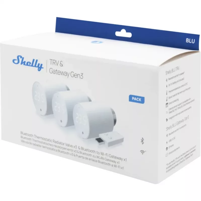 Shelly BLU TRV 3 gab. radiatoru termostatu komplekts ar BLU Gateway Gen3, balts