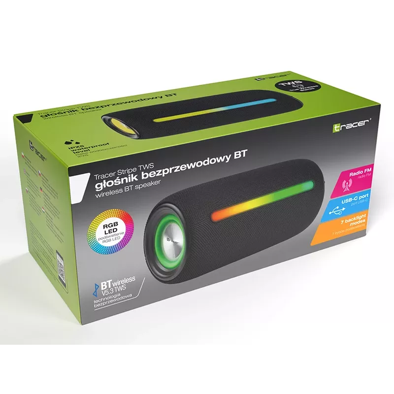 Pārnēsājams stereo skaļrunis TRACER Stripe Black — 10 W RMS, Bluetooth/Vadu, USB-A & USB-C, MicroSD, iebūvēts akumulators (līdz 5 h)