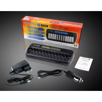 Lādētājs akumulatoriem everActive NC-1200 — universāls 12 bateriju lādētājs AA/AAA, 12 V ieeja, melns