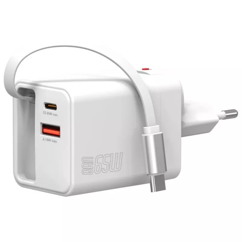 4smarts 541065 GaN Flex Jojo 65W tīkla lādētājs, 2x USB-C PD + USB-A QC 3.0, ievelkams USB-C vads, 100-240V, baltā krāsā