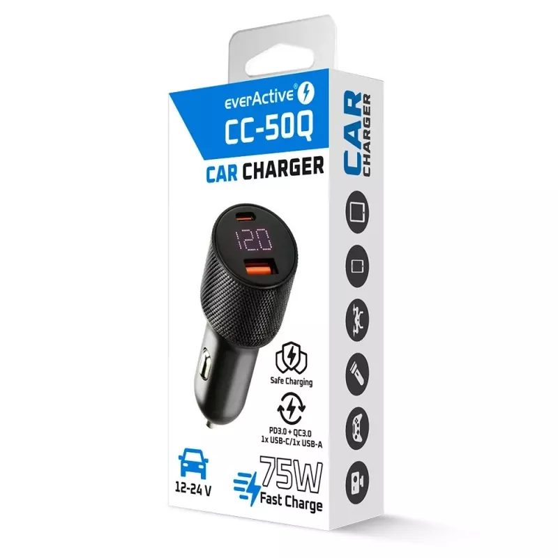 Auto lādētājs everActive CC-50Q QC3.0 75W ar Quick Charge 3.0 atbalstu un USB portiem