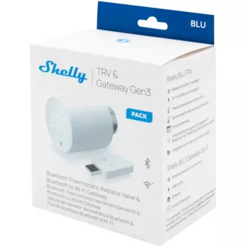 Termoregulējošs radiatora vārsta komplekts Shelly Heating Control BLU TRV + BLU Gateway Gen. 3 — M30×1,5, Wi‑Fi, AA baterijas, 78 mm augstums