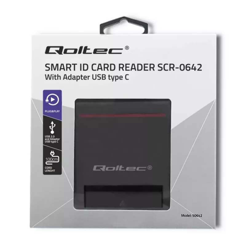 ID kartes skeneris QOLTEC Smart chip ID card scanner — USB, melns, 84.5×65×16 mm, 63 g