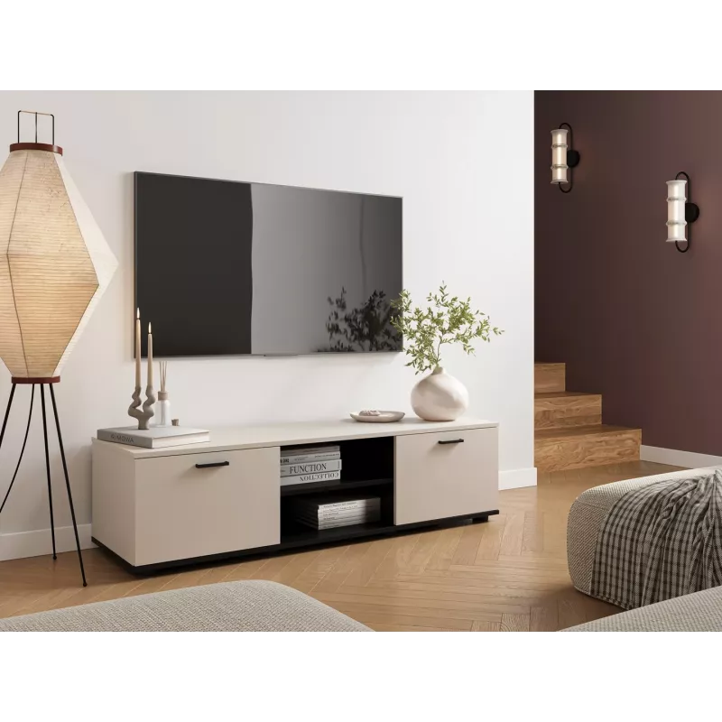 TV skapis SOHO 140 cm — krēmkrāsas virsma, melns rāmis