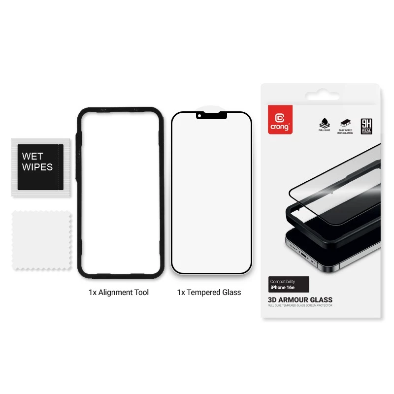 Crong rūdīta stikla ekrāna aizsargs iPhone 16e / 14 / 13 / 13 Pro — 3D pilna pārklājuma
