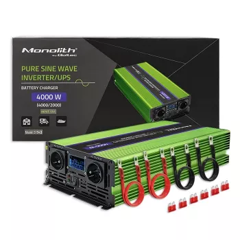 Qoltec Monolith sprieguma pārveidotājs | Akumulatora lādētājs | UPS | 2000W | 4000W | 12V uz 230V | Tīrs sinusoidāls | LCD melns-zaļš