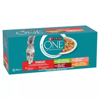 PURINA One Sterilcat liellopu, laša, vistas, tītara gaļas mitrā barība kaķiem - 40x85g