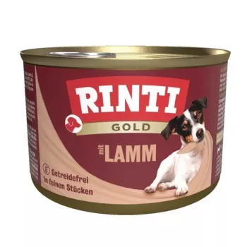 Slapjā suņu barība RINTI Gold Jērs 185 g — pilnvērtīgs konservēts gaļas ēdiens pieaugušiem suņiem