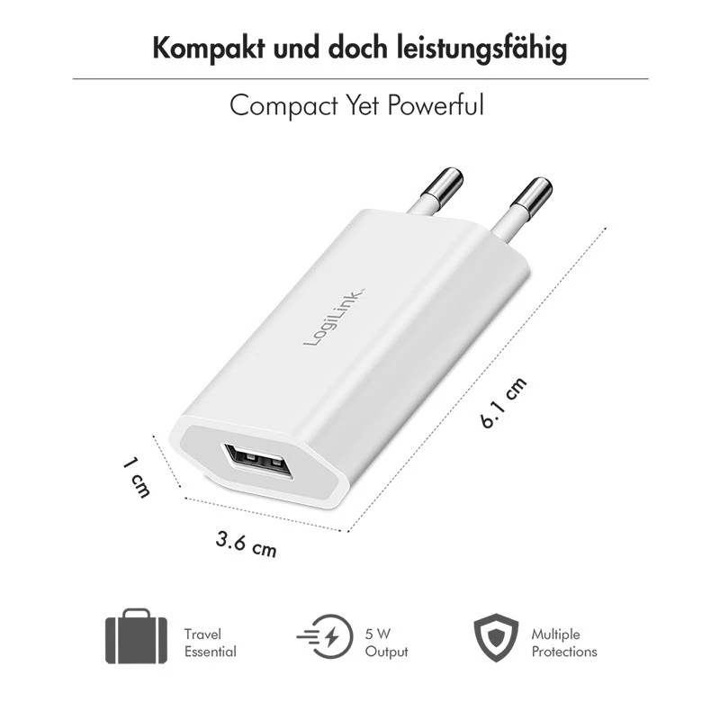 LogiLink USB-A ligzdas adapteris, 5W, 5V/1A, 1xUSB-A, balts (bojāts iepakojums)