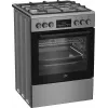 Brīvi stāvoša gāzes-elektriskā plīts BEKO FBM62330GXTN 60 cm, 4 gāzes degļu virsma, 72 L elektriskā cepeškrāsns, energoklase A
