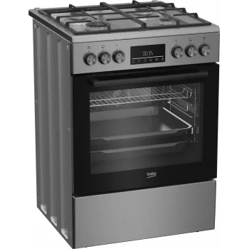 Brīvi stāvoša gāzes-elektriskā plīts BEKO FBM62330GXTN 60 cm, 4 gāzes degļu virsma, 72 L elektriskā cepeškrāsns, energoklase A