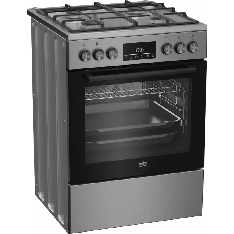 Brīvi stāvoša gāzes-elektriskā plīts BEKO FBM62330GXTN 60 cm, 4 gāzes degļu virsma, 72 L elektriskā cepeškrāsns, energoklase A