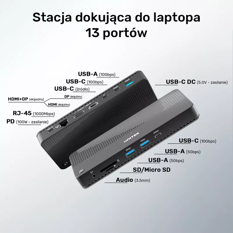 Doko stacija UNITEK D1079A USB4 Melna 100W Power Delivery