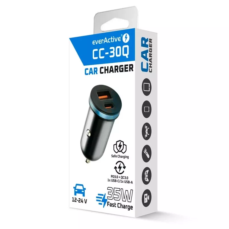 Auto lādētājs everActive CC-30Q QC3.0 35W — 1x USB-A, 1x USB-C, ātrā uzlāde