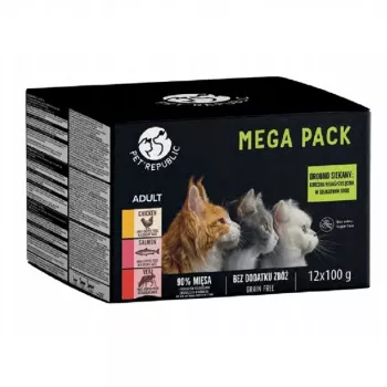 Slapjās kaķu barības paciņas PetRepublic 12x100g — vista, lasis, teļa gaļa