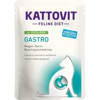 Slapjā kaķu barība KATTOVIT Tītars & Rīsi 85 g — pieaugušiem kaķiem, gremošanas atbalsts