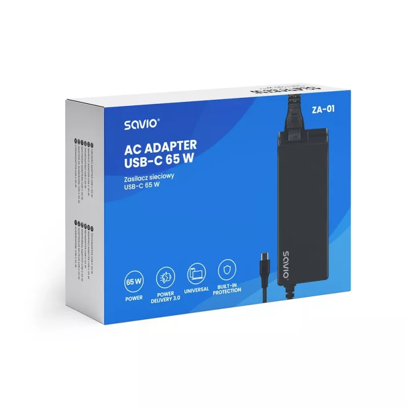 SAVIO ZA-01 iekštelpu maiņstrāvas lādētājs, 65W USB-C PD 3.0, 100–240V ieeja, viens ports, melns