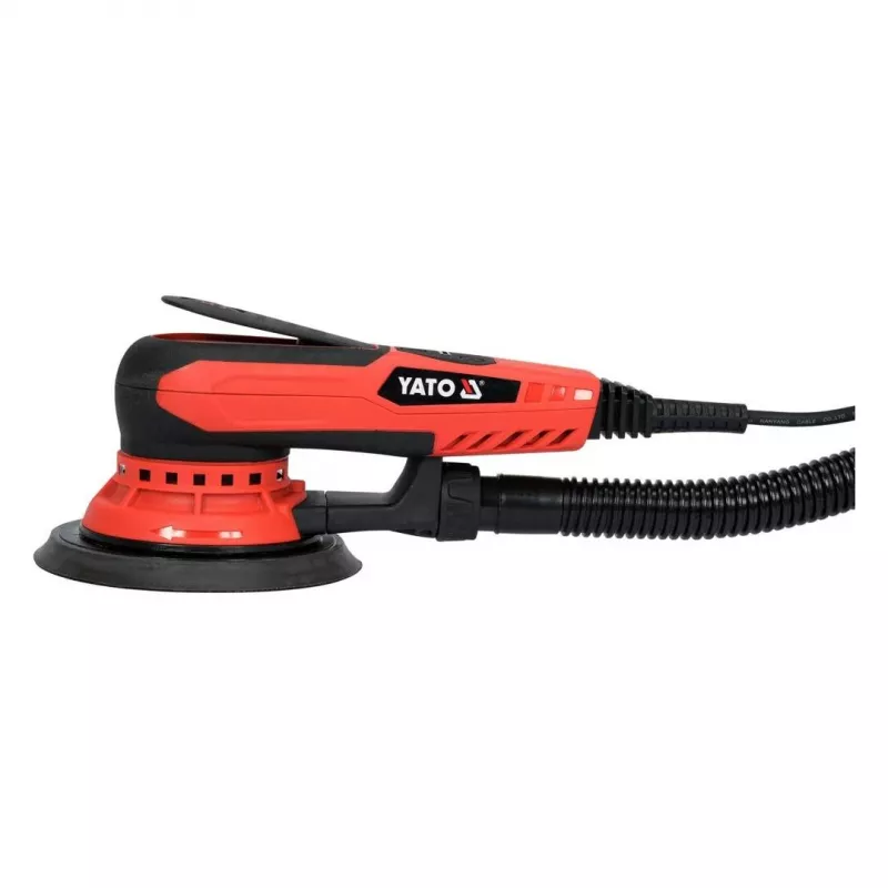 Ekscentriskais slīpmašīna YATO YT-82206 — 350 W, 150 mm disks, 5 mm ekscentritāte, 4000–10000 apgr./min, 3 m kabelis