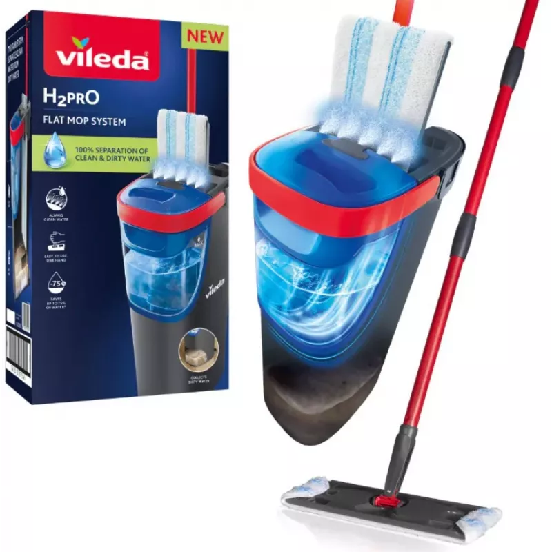 Vileda H2PrO 175775 plakanā grīdas mopa komplekts ar divu tvertņu sistēmu, mikrošķiedra, melns/sarkans
