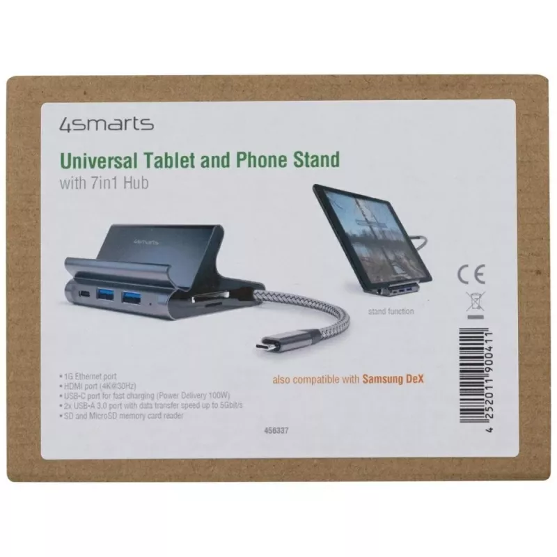 4smarts 7in1 centrmezgls ar statīvu planšetei un tālrunim, DeX režīms, HDMI, RJ45, pelēkā krāsā