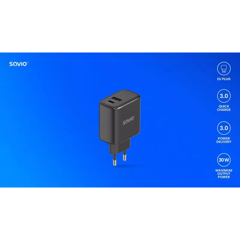 SAVIO LA-06/B 30 W sienas uzlādes ierīce, USB-A + USB-C, Quick Charge, Power Delivery 3.0, melna