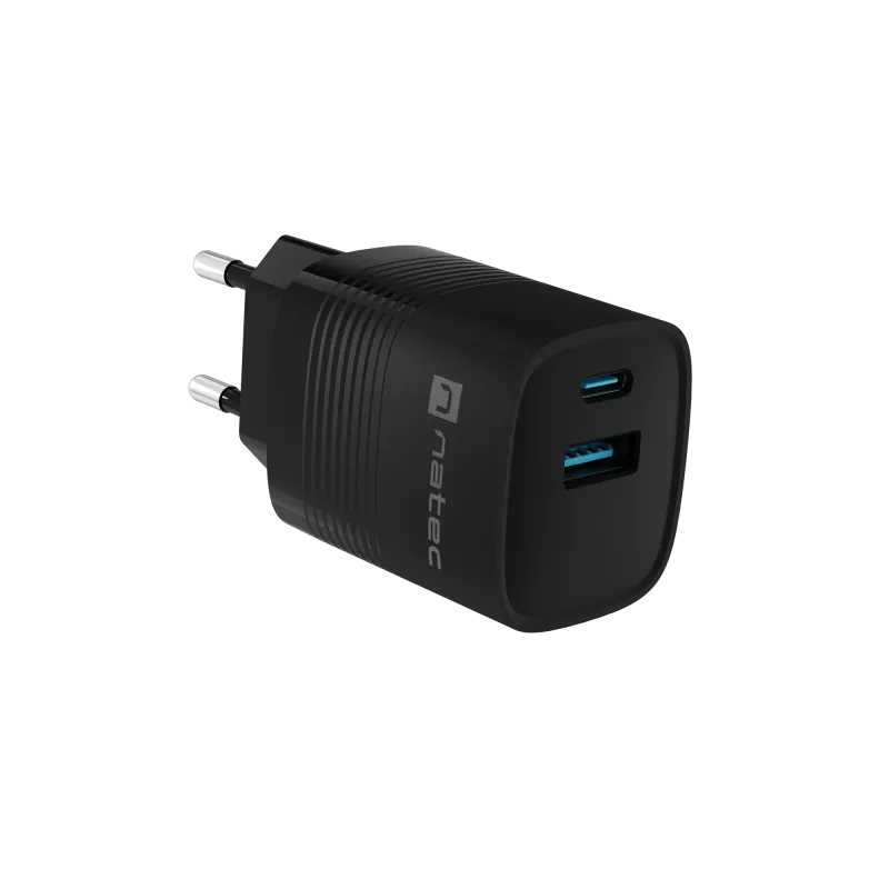 NATEC vadu mobilās ierīces lādētājs NUC-2141, 30W, USB-C PD 3.0 + USB-A QC 3.0, 110–240V, melns