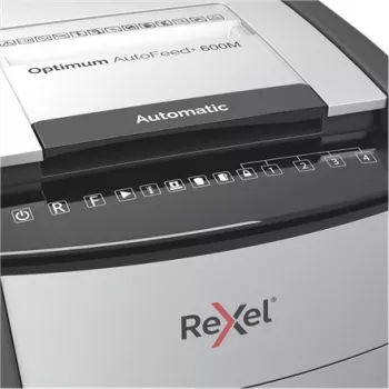 Rexel AutoFeed+ 600M Papīra smalcinātājs, mikrošķiedras griezums 2x15mm, P-5, 110L, 55 dB, Pelēks/Melns