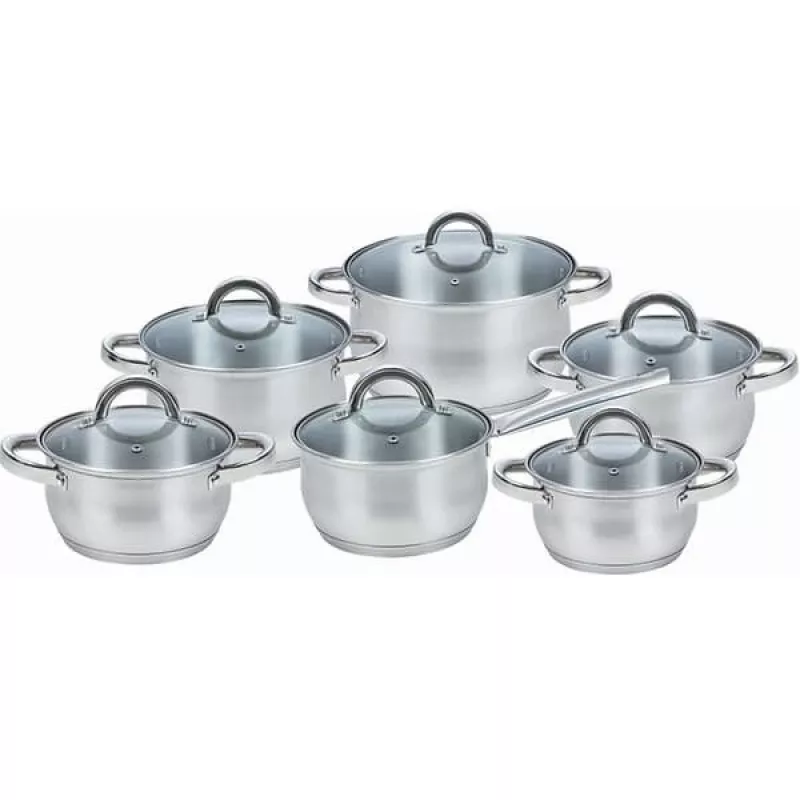 Trauku komplekts Maestro MR-2120-12 — 12 daļas, nerūsējošais tērauds, nepiedegošs, piemērots indukcijai, 6 katli (16–24 cm) ar stikla vākiem